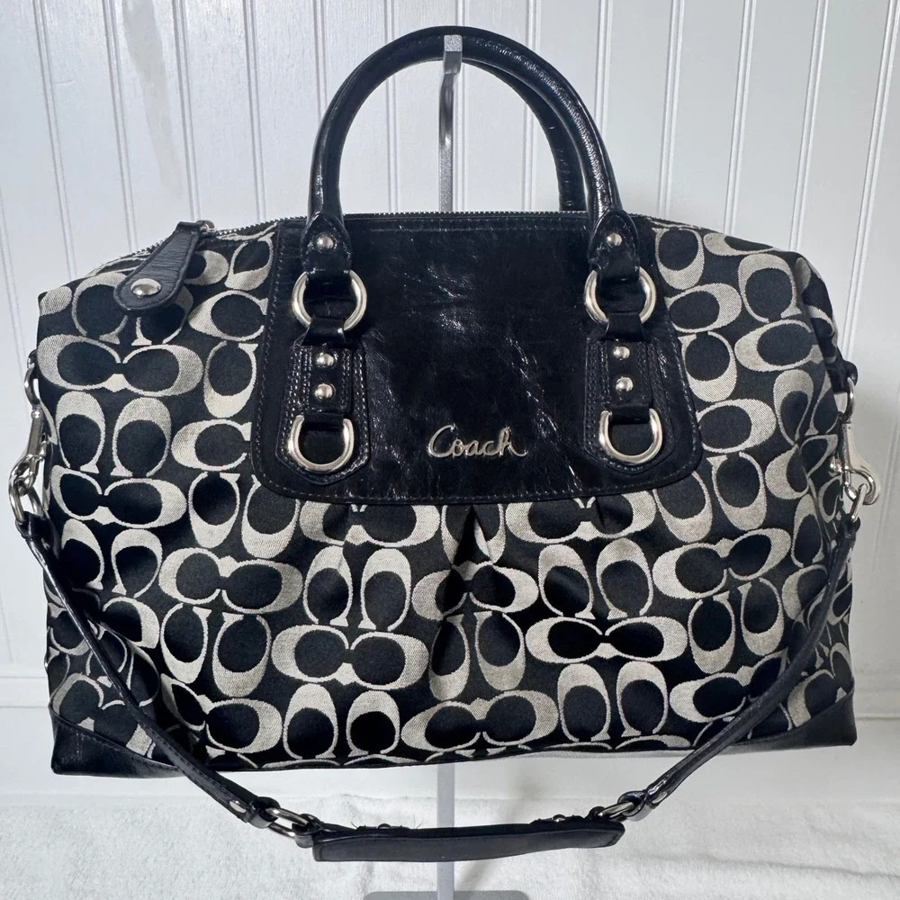 Coach Ashley Satchel Large Black Grey Signature Jacquard Shoulder Bag F15440